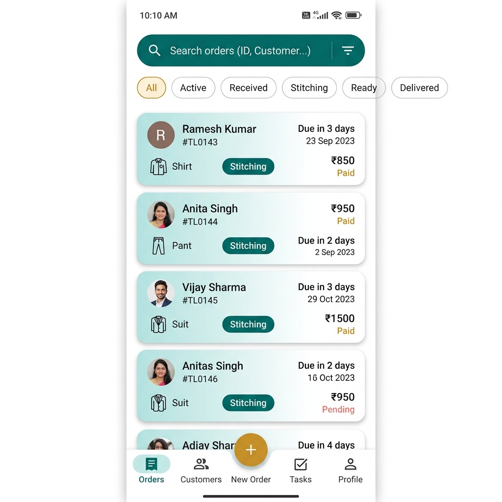 Order list screen showing customer orders with status filters